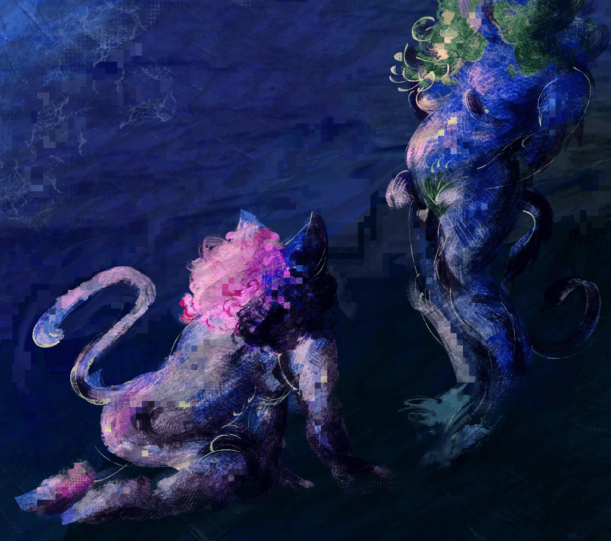 an illutsrated abstract painting. depicted are two figures, one knealing on the ground and the other standing up, both have cat like features. they are both obscured by the shadows/colors.