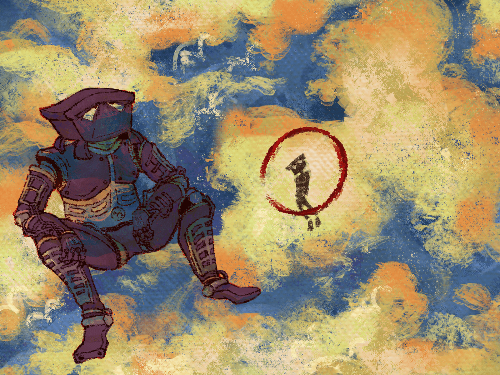 an illustrated painting. depicted is thomas saggs, he is depicted 'naked' behind a sea of clouds and a blue sky with a very solemn expression. in the clouds is a miniture ottoman with a large red circle on him.