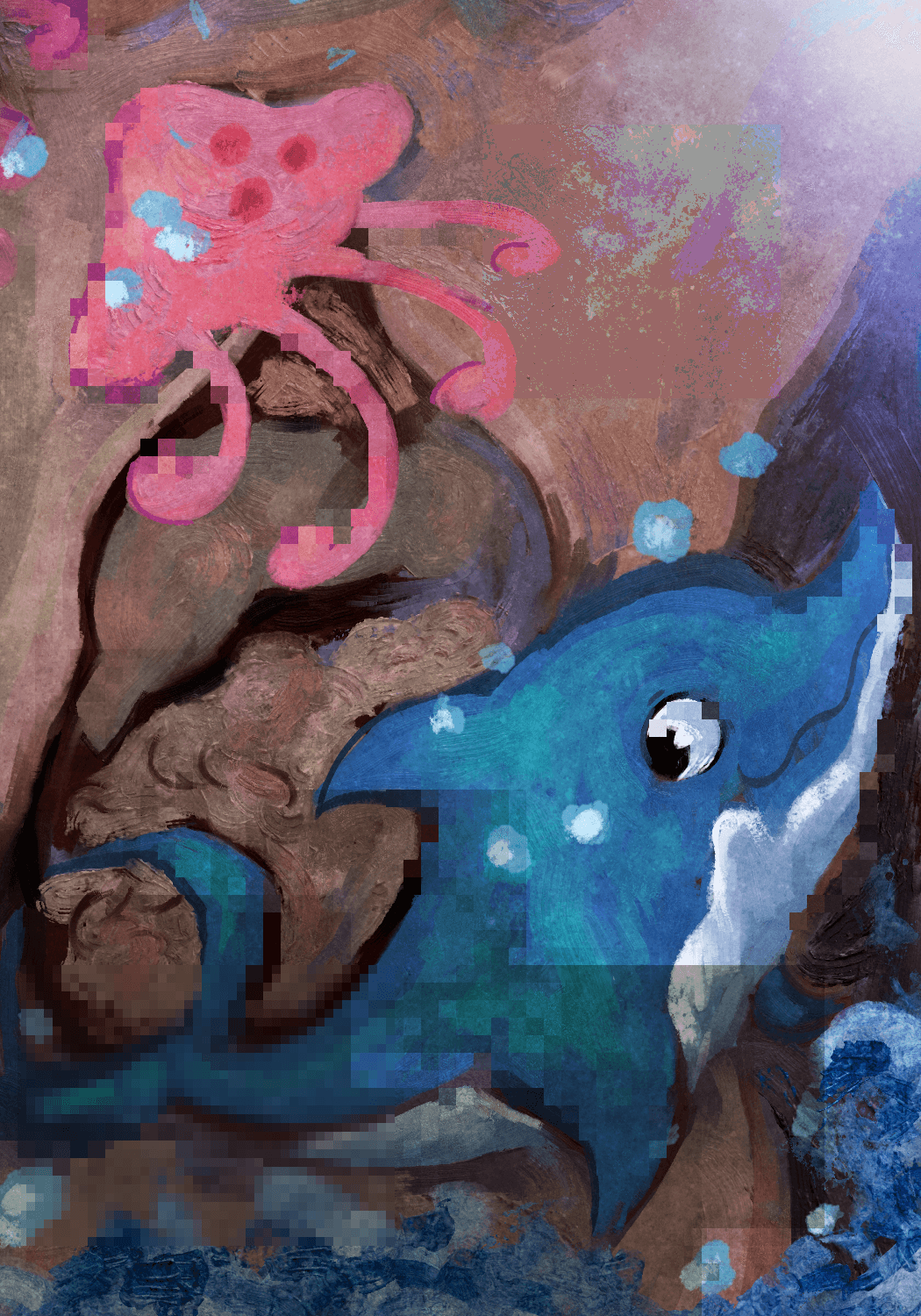 an illustrated abstract painting. depicted is a dissected figure with their torso in the focus of the piece. cartoony jellyfish and dolphins surround the body, vastly contrasting the figure.