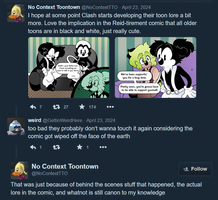 a twitter reply screenshot of the @nocontextto and someone else discussing the removal of the reid-tirement comic