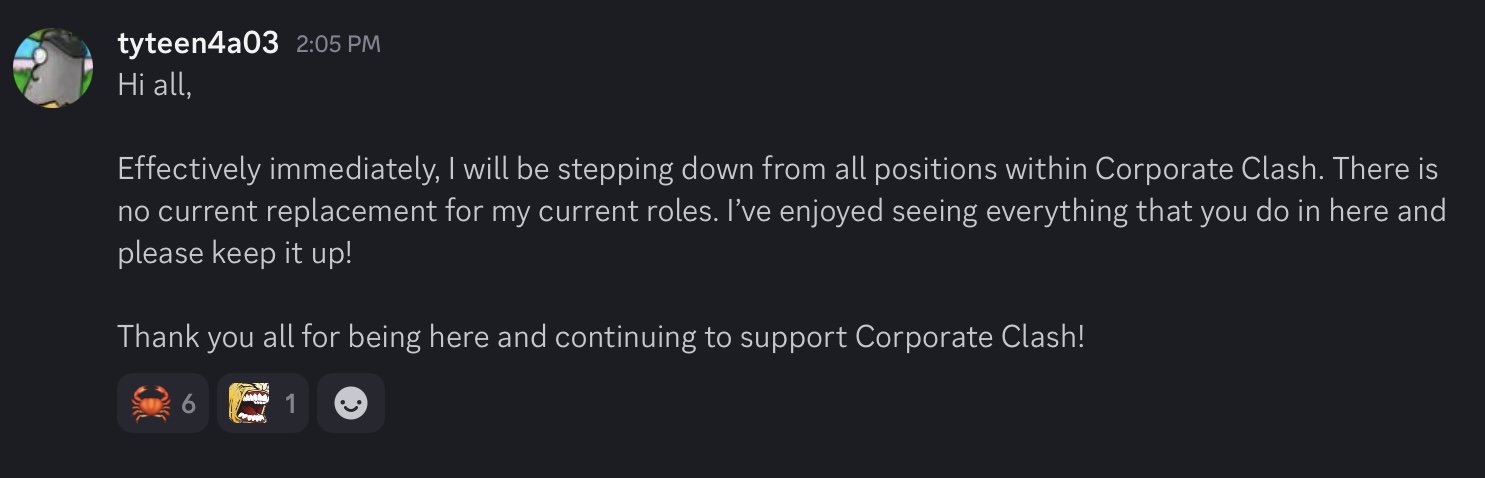 A discord screenshot from clashcord of sheriff cranky stepping down from toontown corporate clash