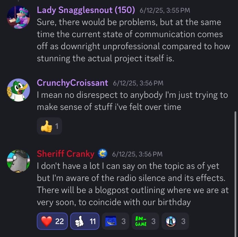 A discord screenshot of clashcord members and sheriff cranky discussing clash inactivity and communications