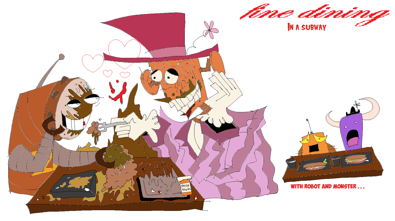 an image made in ms paint of gizmo and perry feeding each other subway