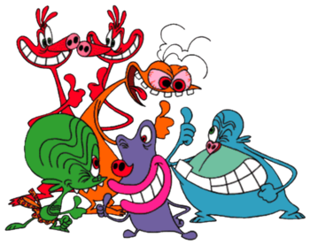 a render of the cast giving each other a thumbs up